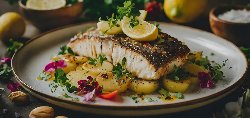Forelle, müllerin, art, Mandel, nüsse, kartoffeln, neu, modern, filet, fisch, Bratkartoffeln, Anlasser, board, modern, zitrone, Petersilie, essen, gericht, gastronomie, photo